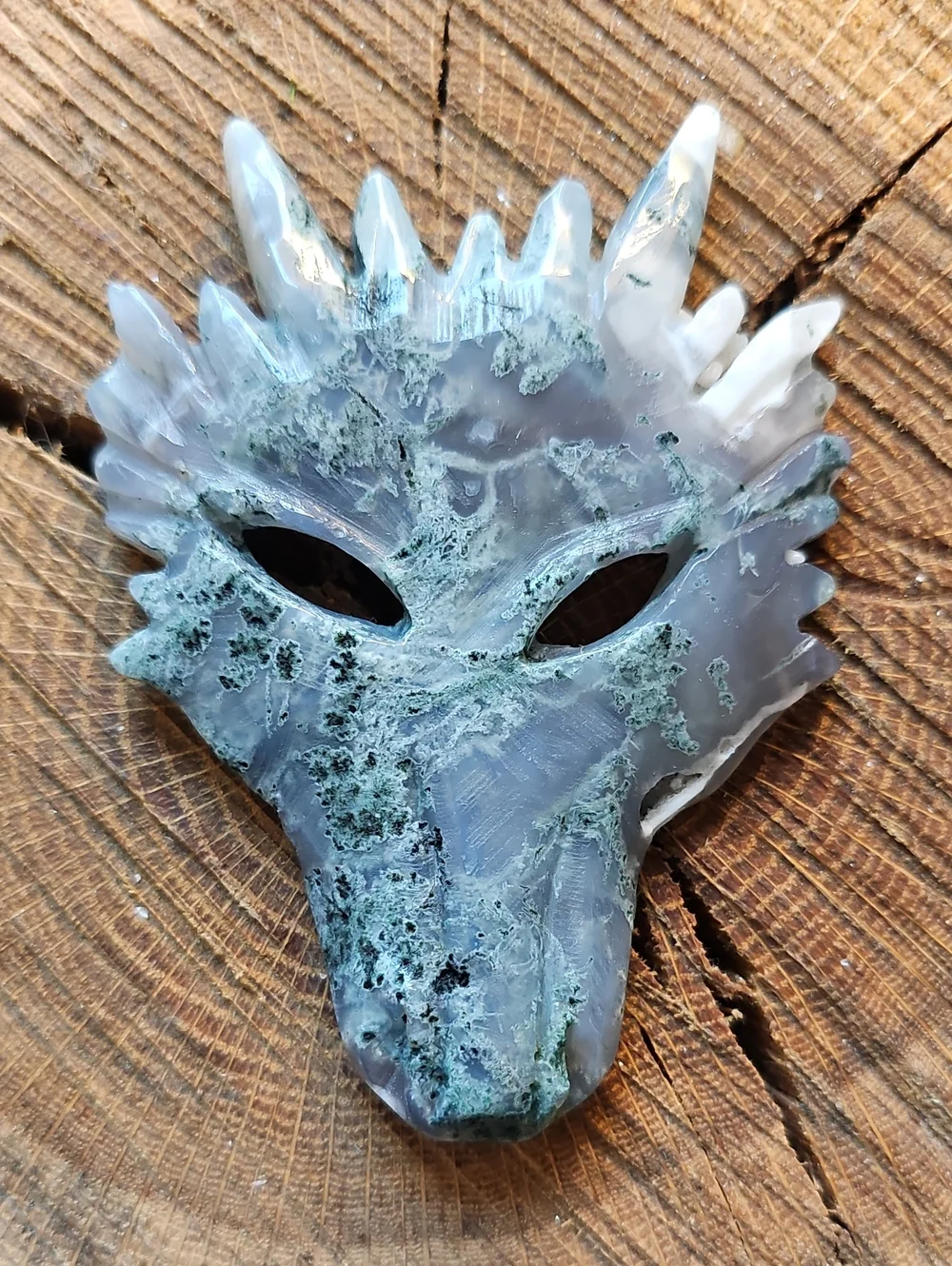 Carved Moss Agate Dragon Mask in Smoky Blue-Green